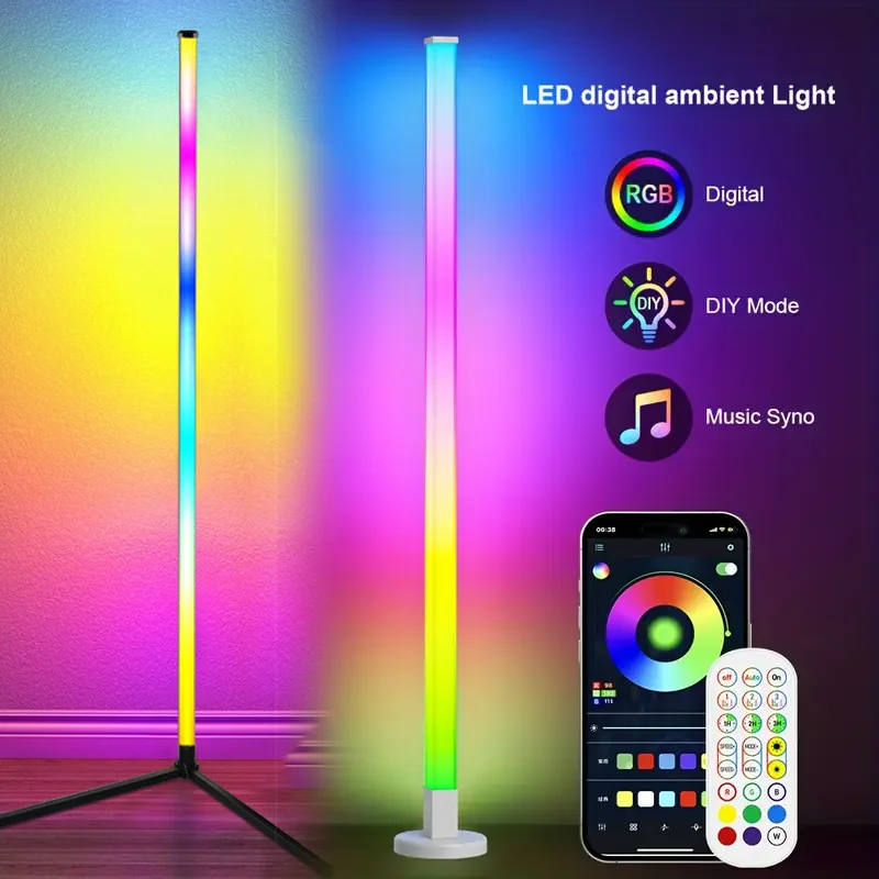 122cm Smart Corner Floor Lamp Dimmable APP Control RGB LED Modern Mood Lighting Stand Lights for Bedroom Gaming Living Room