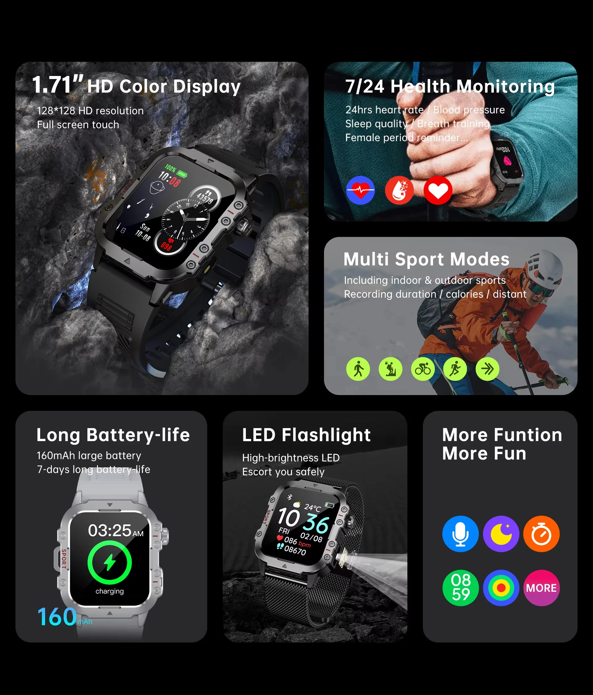 G.L Wear 2026 New Men's Smart Watch Outdoor Sports Health Monitor with LED Flashlight Bluetooth Call Women's Smartwatch