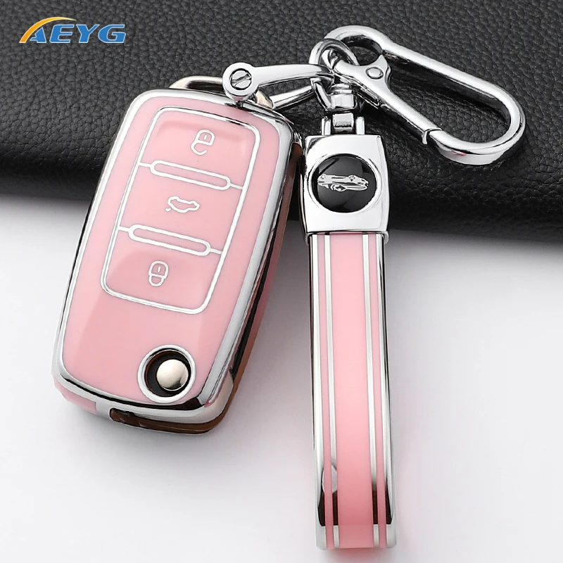 TPU Car Flip Key Case Fob Keychain Suit For Volkswagen VW Polo Golf Passat Tiguan Beetle Caddy Eos Skoda Octavia Seat Leon Altea