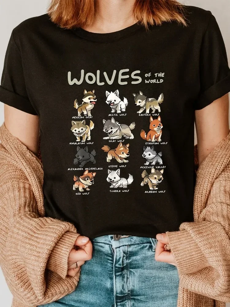 Niedliches Wolfs-T-Shirt, 100 % Baumwolle, Damen-Kawaii-Wolfs-T-Shirt, weiches Oberteil mit Rundhalsausschnitt und kurzen Ärmeln, Tier-Anime-Shirt. – Detail 2