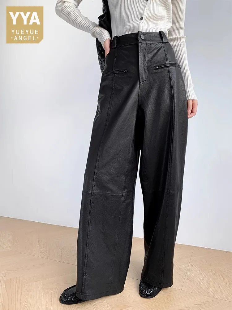 High Quality Women Genuine Leather Pants High Waist Elegant Office Ladies Wide Leg Pants Loose Fit Casual Sheepskin Trousers