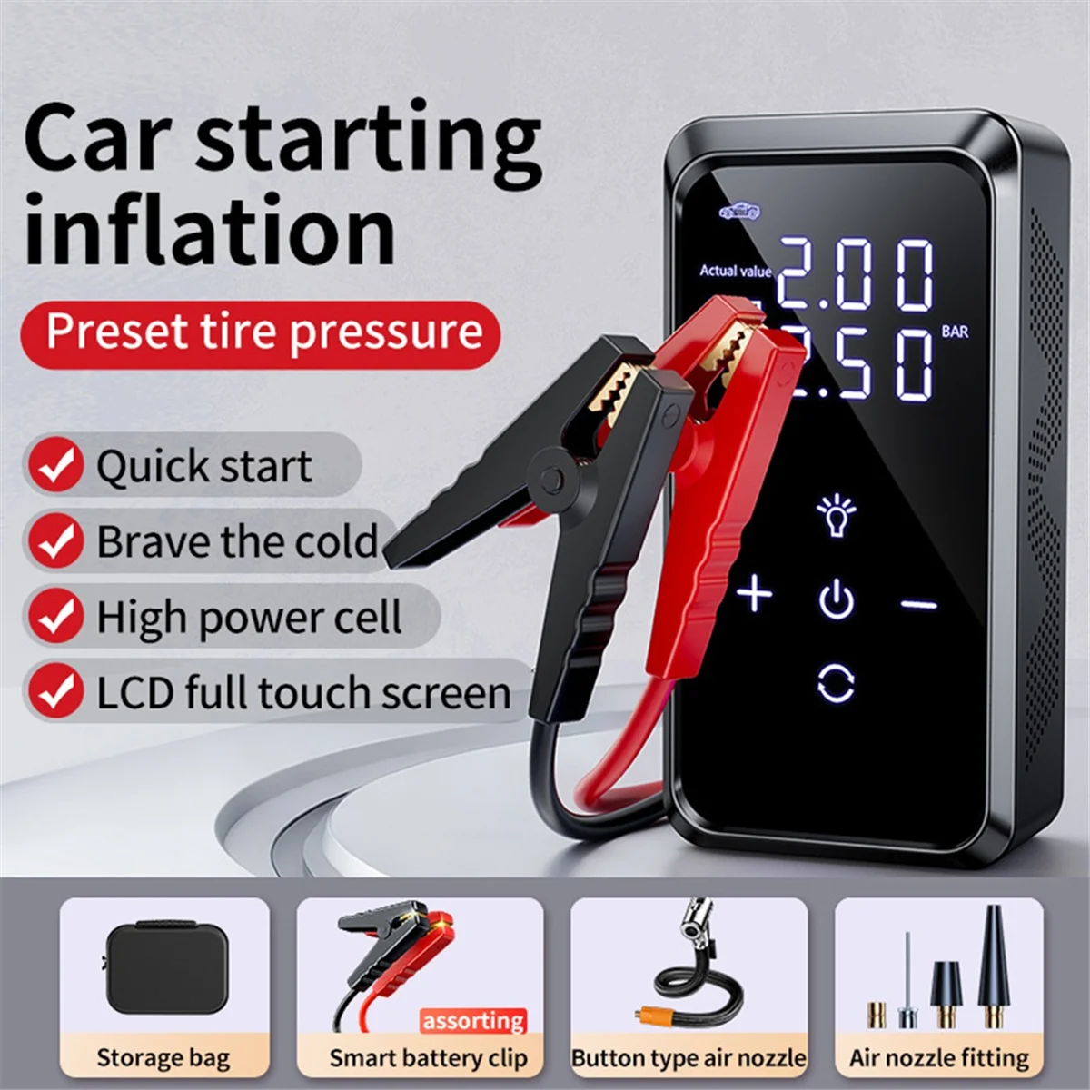 

A002 Dual Screen Car Emergency Power Inflatable Pump Multifunctional Portable Lighter 8000mAh