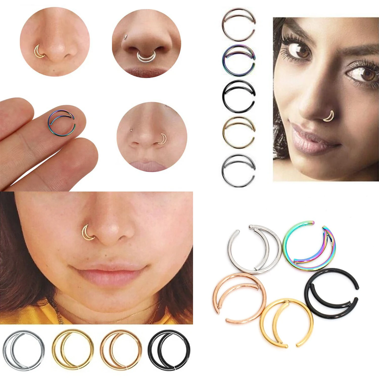 1 buah cincin tindik hidung bulan baja tahan karat, cincin tindik Septum untuk wanita pria telinga Tragus anting-anting Lip Hoop, perhiasan Punk modis