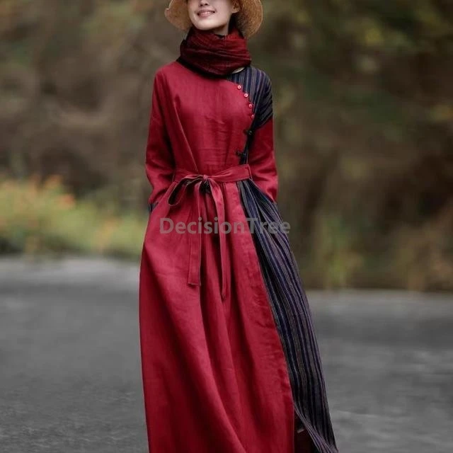 

Новинка 2025 года, литературный художественный лоскутный халат, облегающий талию, облегающее темпераментное платье, хлопково-льняной халат в китайском этническом стиле