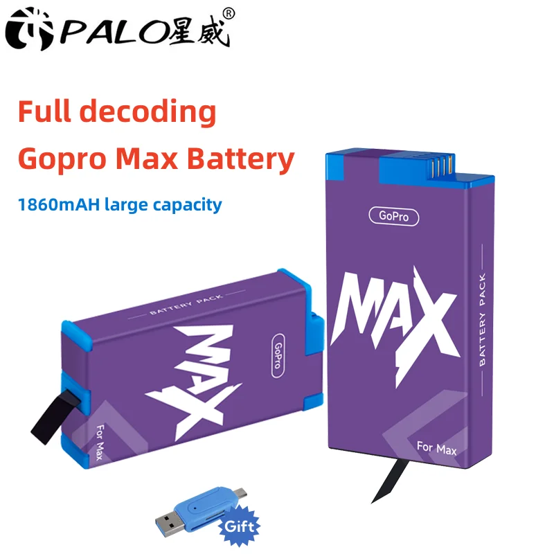 PALO 1860mAh Gopro Max battery go pro Camera Battery Rechargeable Battery For gopro max 360 Action Camera Batteries Accessories