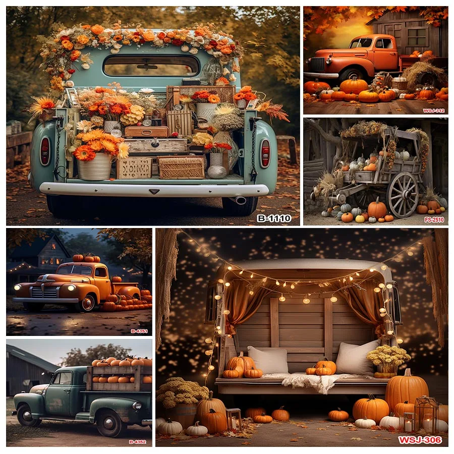 Autumn Pumpkin Truck Backdrop Harvest Hay Fall Forest Maple Leaves Photography Background Thanks-Giving Day Party Banner