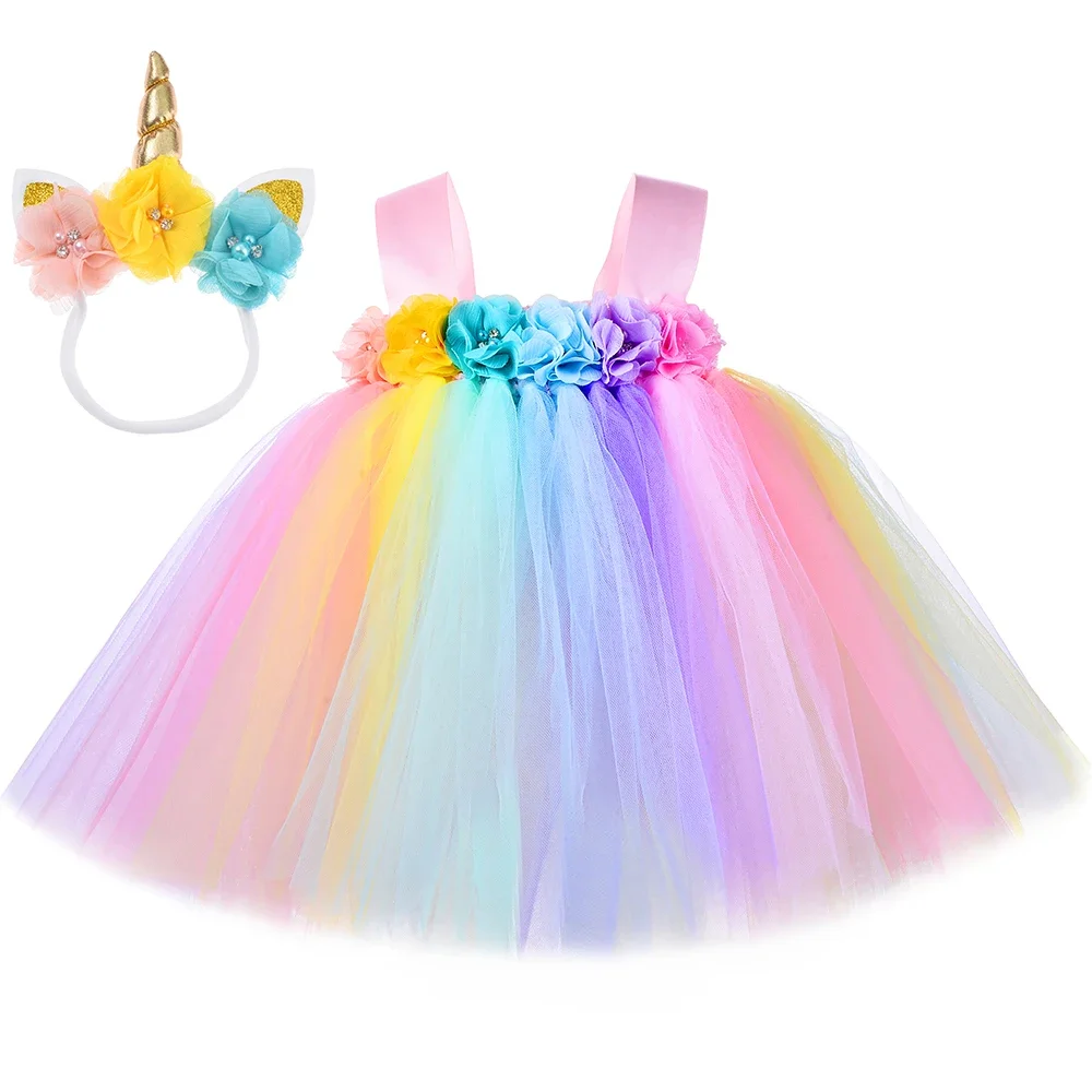 

1 Year Baby Girl Clothes Unicorn Party Tutu Dress Pastel Rainbow 1st Birthday Outfits Infant Toddler Girl Princess Dress Costume