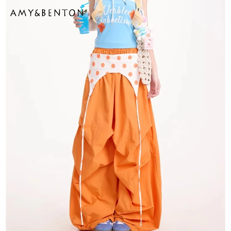 

American Retro Stacked Pleated Women's Overalls Original Summer New Orange Polka Dot Splicing Loose Thin Wide-leg Pants Ladies