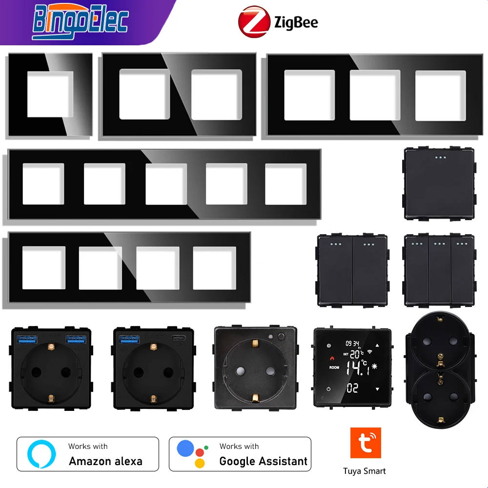 Bingoelec ZigBee Switches Sockets Function Keys Free Combination Tuya Smart Life Alexa Thermostat DIY Part Black Glass Frame