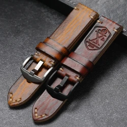 Handmade Rubbed Old Leather Strap 20 22 24MM Brown Yellow Retro Thickening Men Watch Bracelet Suitable For Bronze Watchband