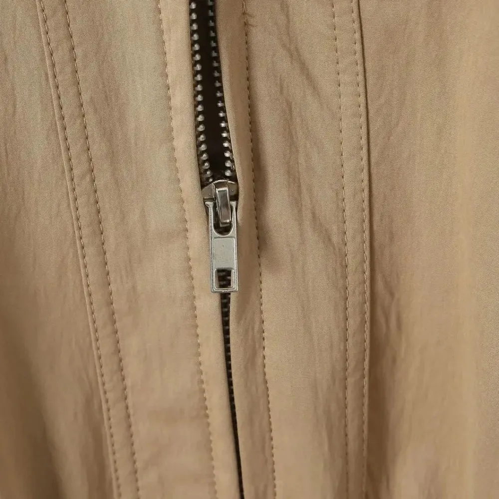 Spring Autumn Women Khaki Spliced Faux Leather Lapel Coat Front 2 Pocket Elastic Waist Zipper Jacket Loose Outerwear Trench Coat