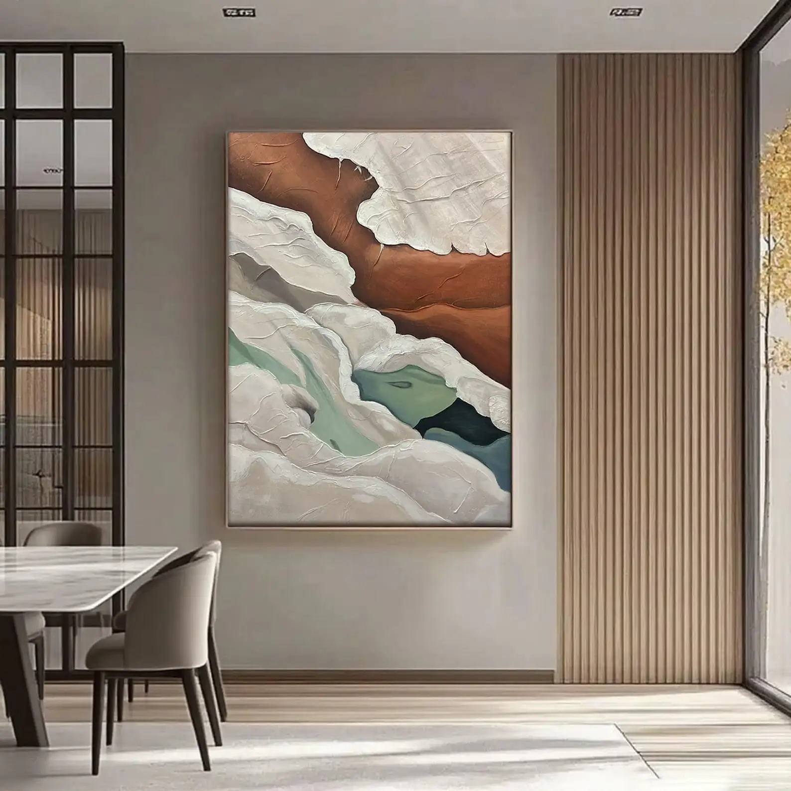 Текстурная абстрактная картина маслом ручной работы Mhemyo: коричневый, зеленый и кремовый цвета, вертикальное полотно, современное настенное искусство для декора дома.