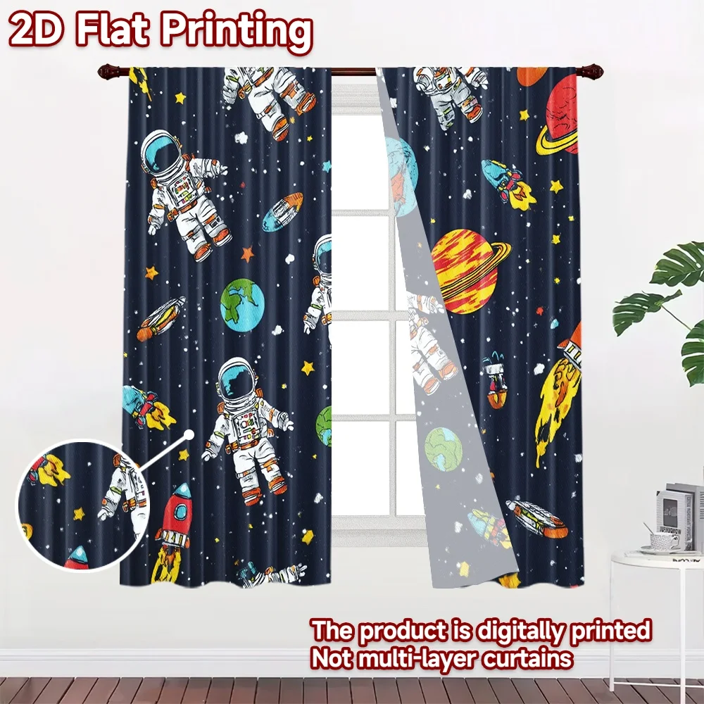 2D flat 2pcs Curtain Vintage drapes Curtains Astronauts Rockets Planets Durable polyester fiber Festive Holiday Perfect for