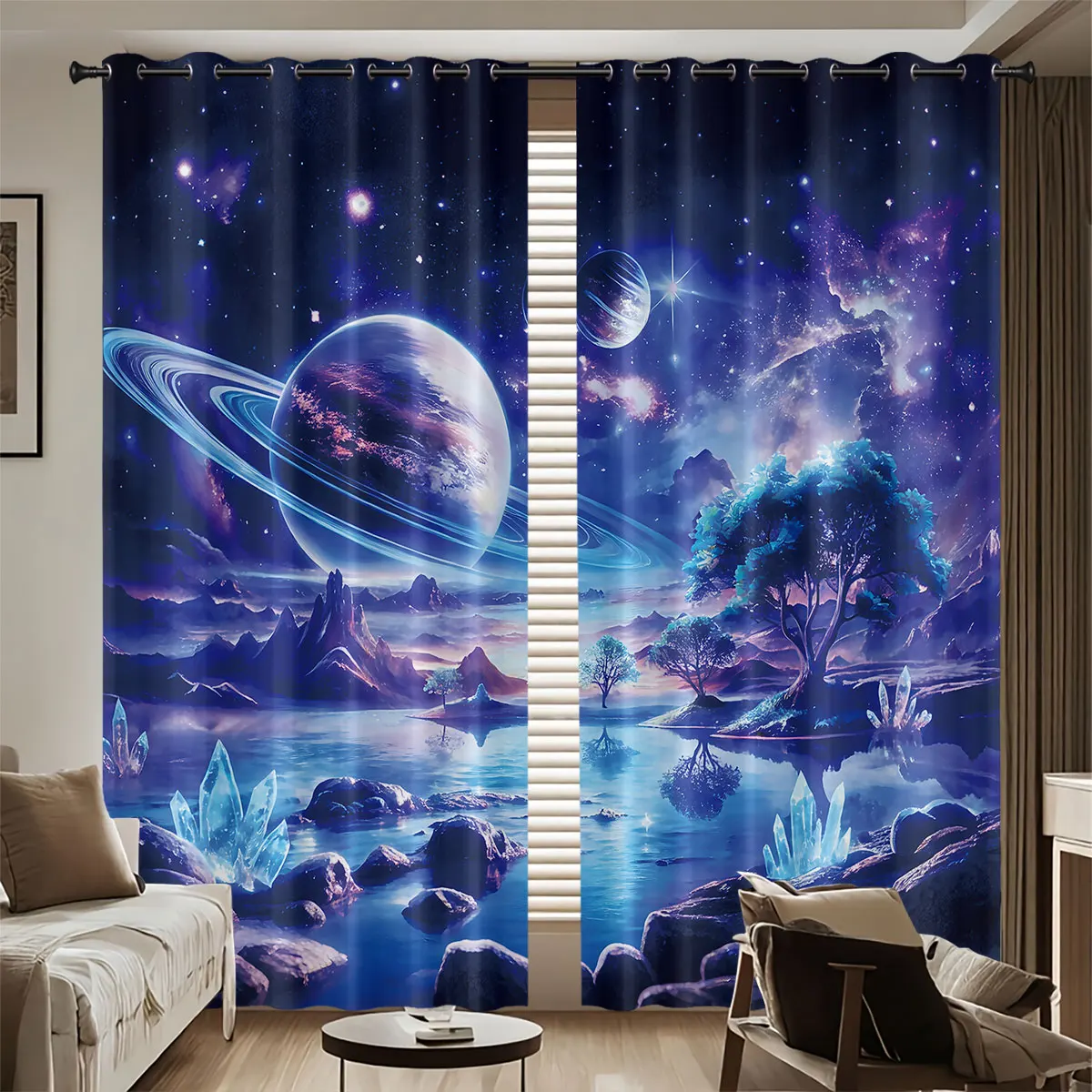 2pcs Fantasia Sun Moon Mountain Print Perforated Sunshade Curtain Multi Size Living Room Thermal Insulation Sunshade Decoration