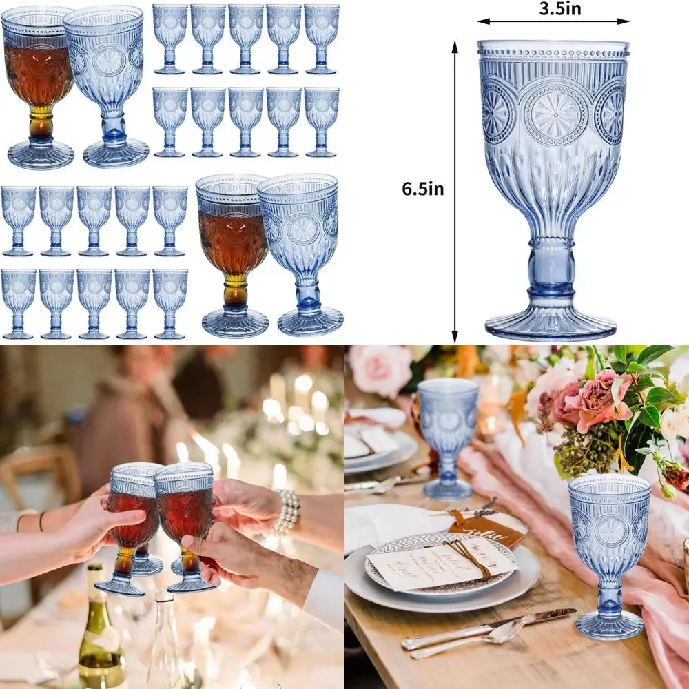 كؤوس نبيذ بلاستيكية قابلة لإعادة الاستخدام سعة 12 أونصة على الطراز العتيق مع نمط فريد منقوش على شكل زهرة - ستيمواري غير قابل للكسر للمياه الملونة G