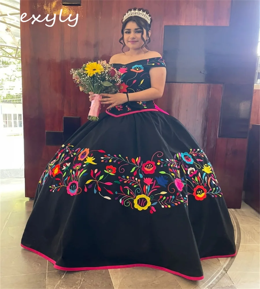 Black Mexican Quinceanera Dresses Charro Vestidos De 15 Xv Anos Satin Vestio De Novias Off Shoulder Halloween Costume Customized