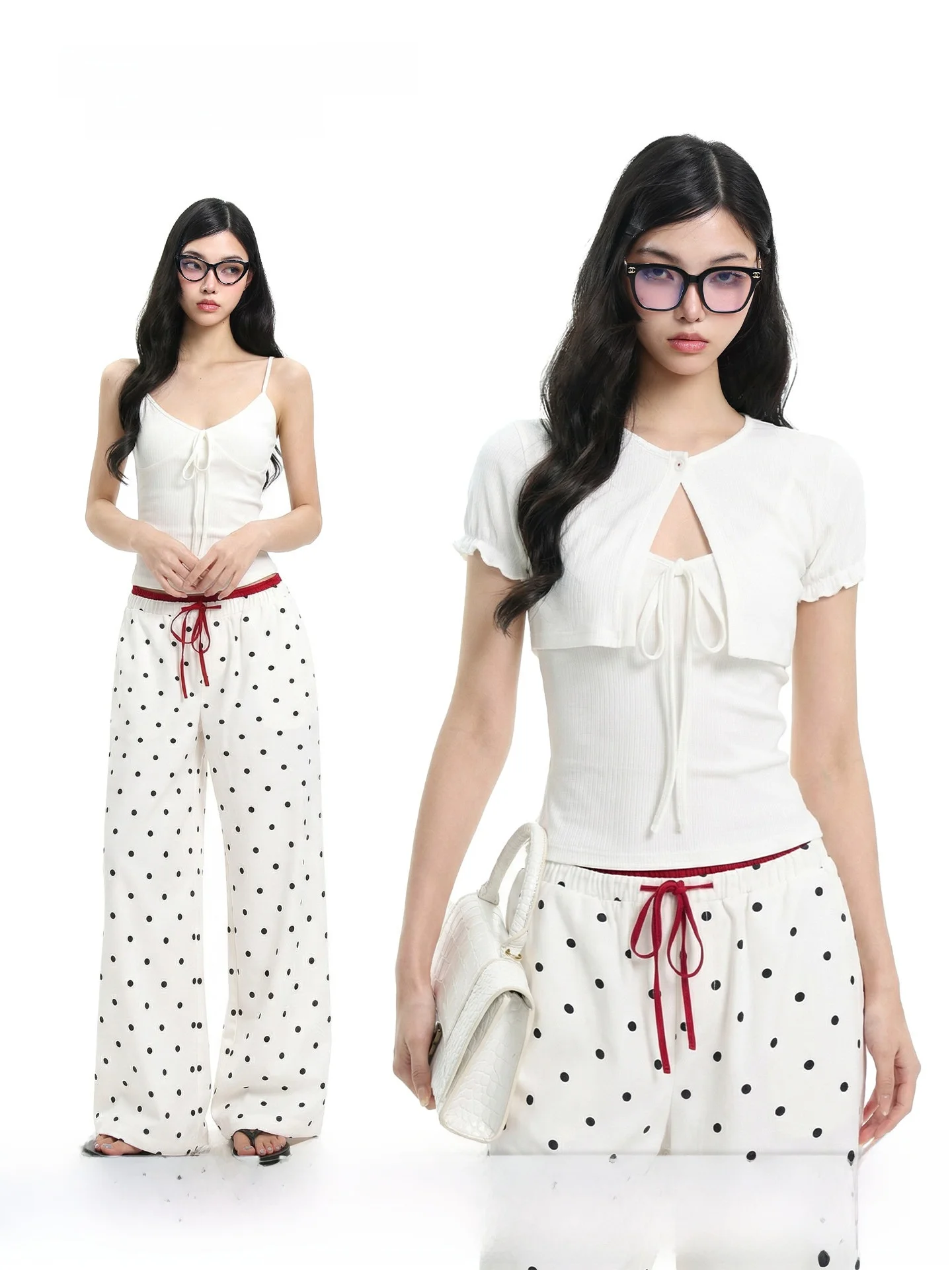 

UNCMHISEX Spicy Girl White Slim Fit Strap Vest Women Summer Design Open Cardigan Shoulder Short Sleeve T-Shirt Set Casual Style