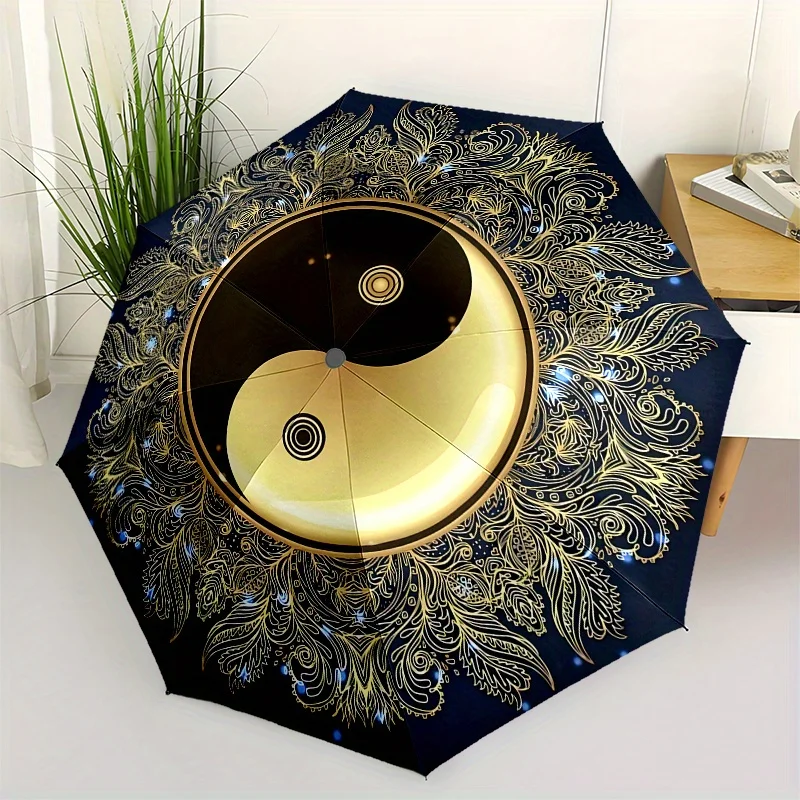 

Автоматический зонт с функцией открытия/закрытия - элегантный дизайн с символом Инь-Ян в темно-синем и золотом цветах, компактный дорожный зонт с прочной 8-спицевой рамой.