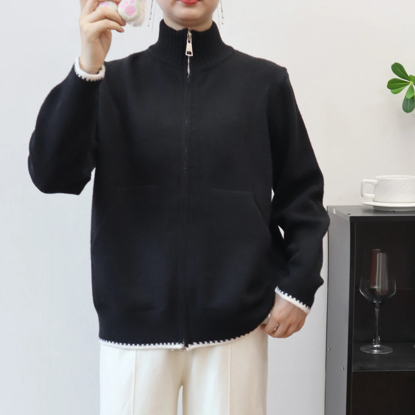 Elegante Frauen Doppel-reißverschluss Stricken Pullover Lange Hülse O-ansatz Lose Strickwaren Strickjacke Mantel Weibliche Warme Weiche Stricken Tops