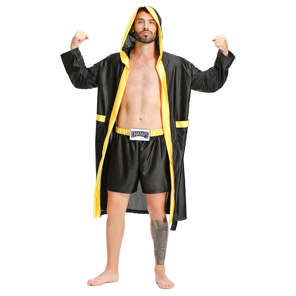 Adulto maschio nero giacca con cappuccio mantello e pantaloncini sportivi set Halloween Party Boxer Cosplay Robe Men Game Uniform