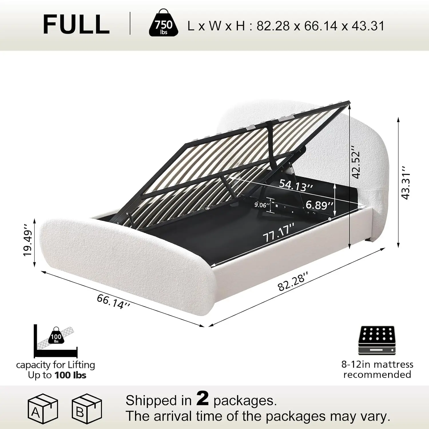 Upholstered Storage Bed with Side-Lift & Curved Headboard, Bouclé Texture, Removable Cover, No Box Spring, Cream, Customized
