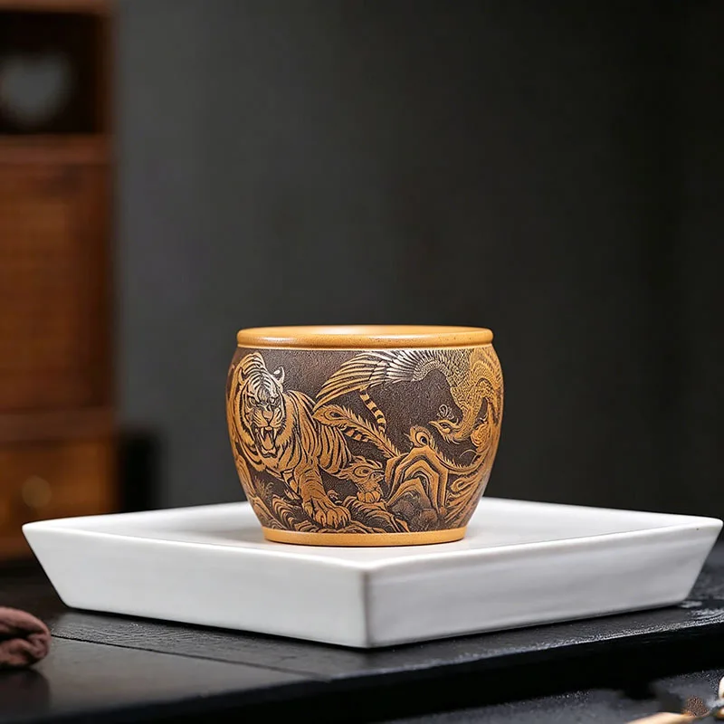 Yixing Zisha Master Cup Handmade Purple Clay Tea Cup Four Symbols Carving Gongfu Tea Tasting Cup Chinese Teaware