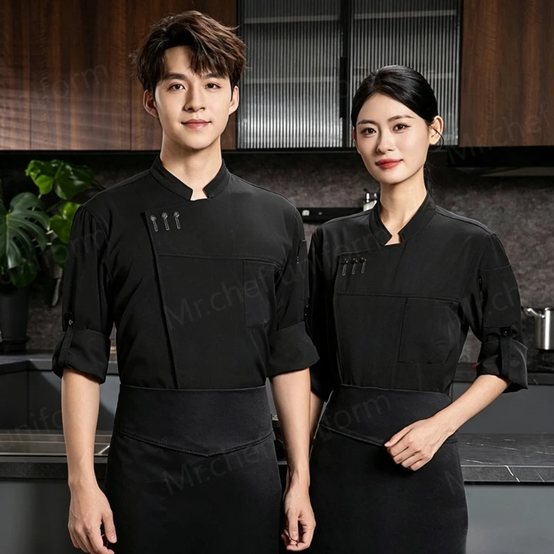 Custom Chef Coat Long Sleeve Durable Kitchen Chef Jacket with Pocket Breathable Restaurant Black Uniform CafeStaff Workwear logo