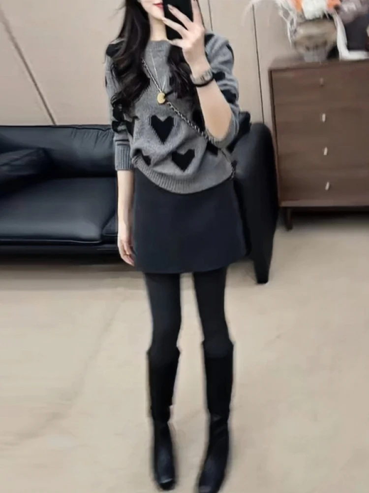 

Autumn Winter Women's Knitted Sweater ort Skirt Faion Set Casual Sle Versatile High Waist round Ne Long Sve