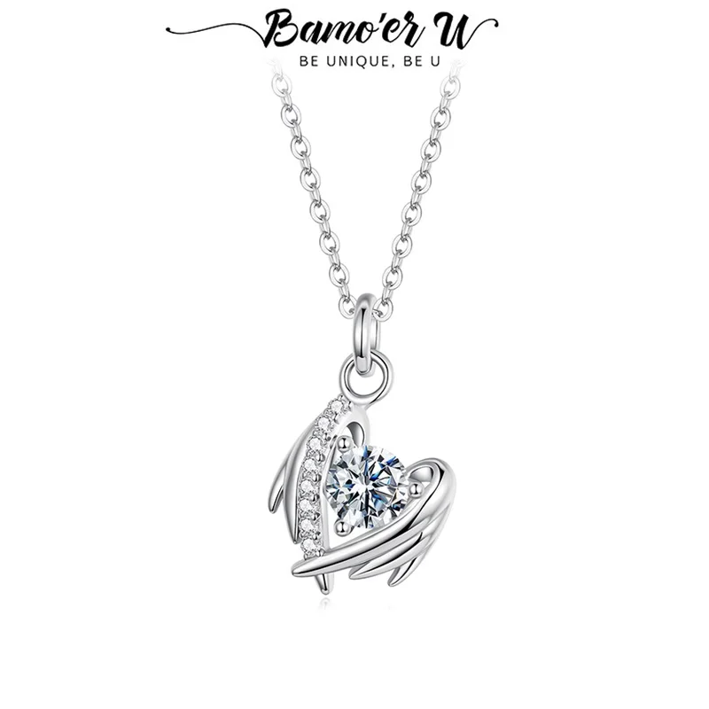 

Bamoer U Wings Moissanite Necklace 925 Sterling Silver Unique Guardian Wings Design Certified Necklace Women Fine Jewelry
