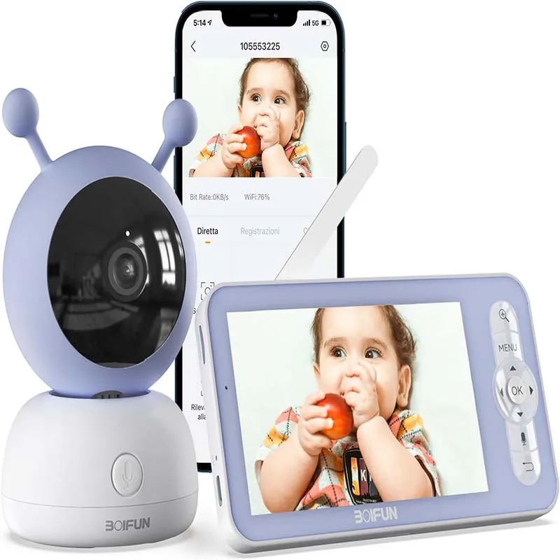 BOIFUN Cámara monitor para bebés de 5" con aplicación telefónica, 360 ° Rotación 1080P, monitoreo de movimiento y seguimiento automático, detección de área personalizada