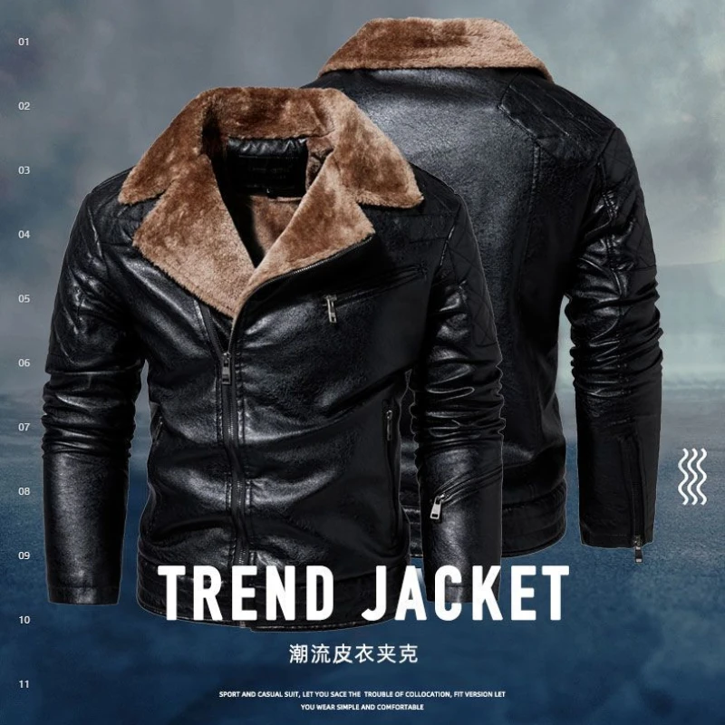 Motorcycle Riding with Fleece Leather Jacket Winter Collar Lamb Fleece Motorcycle Leather Jacket Warm Cotton Jacket