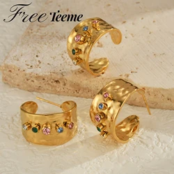 Freeteeme Stainless Steel Colorful Zircon Wide Rings Earrings for Women Gold Plated Wedding Couple Ring Jewelry Accessories