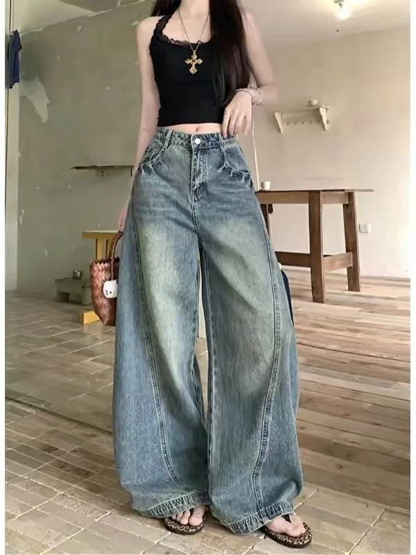 

Waed Denim High Waist Wide Leg Jeans Women's Spring 2026 New Splicing Sle Floor-Length Pants Retro High Street Faion