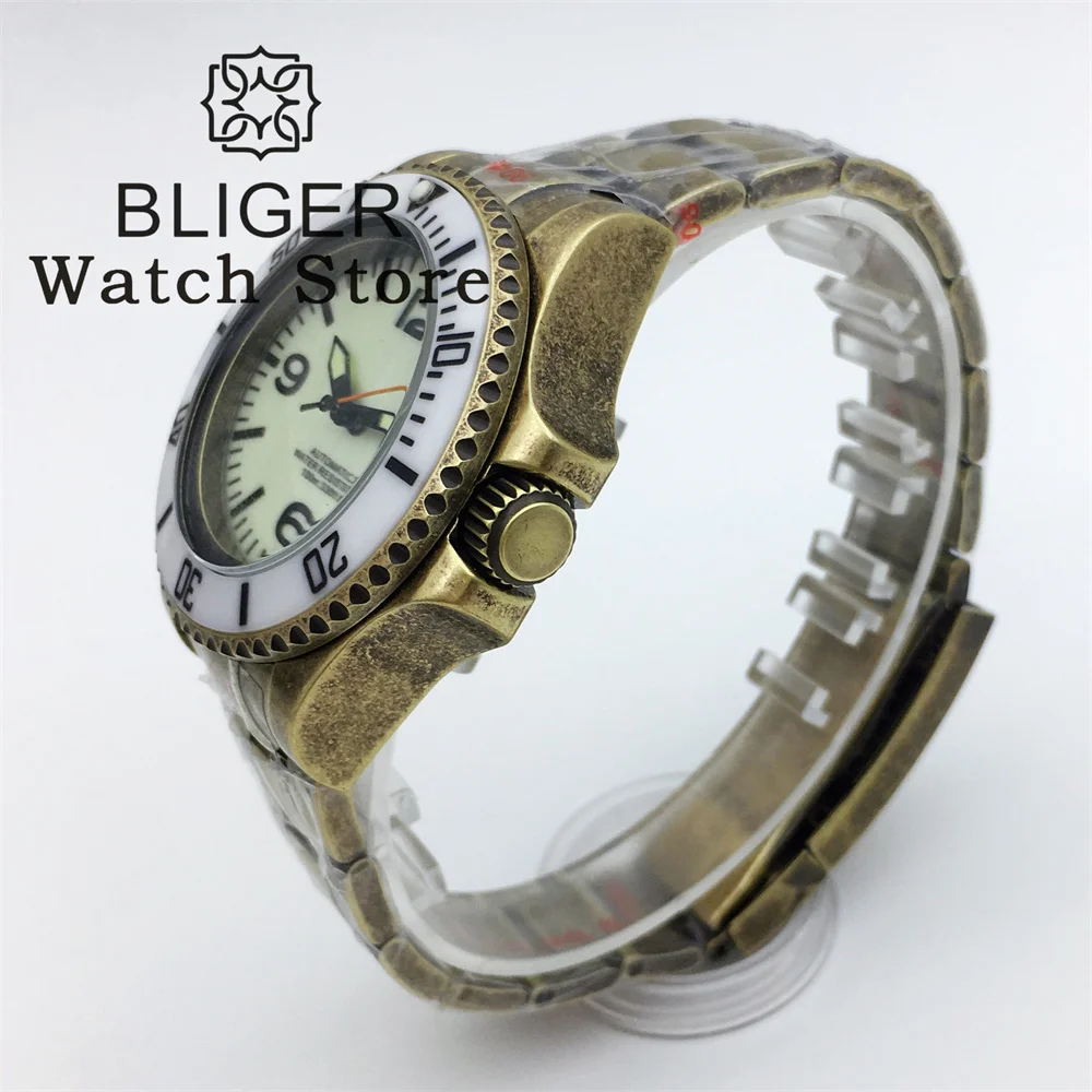 BLIGER-reloj mecánico de buceo japonés NH35A, cronógrafo de bronce de 43mm, movimiento crema, blanco y negro, esfera luminosa, resistente al agua