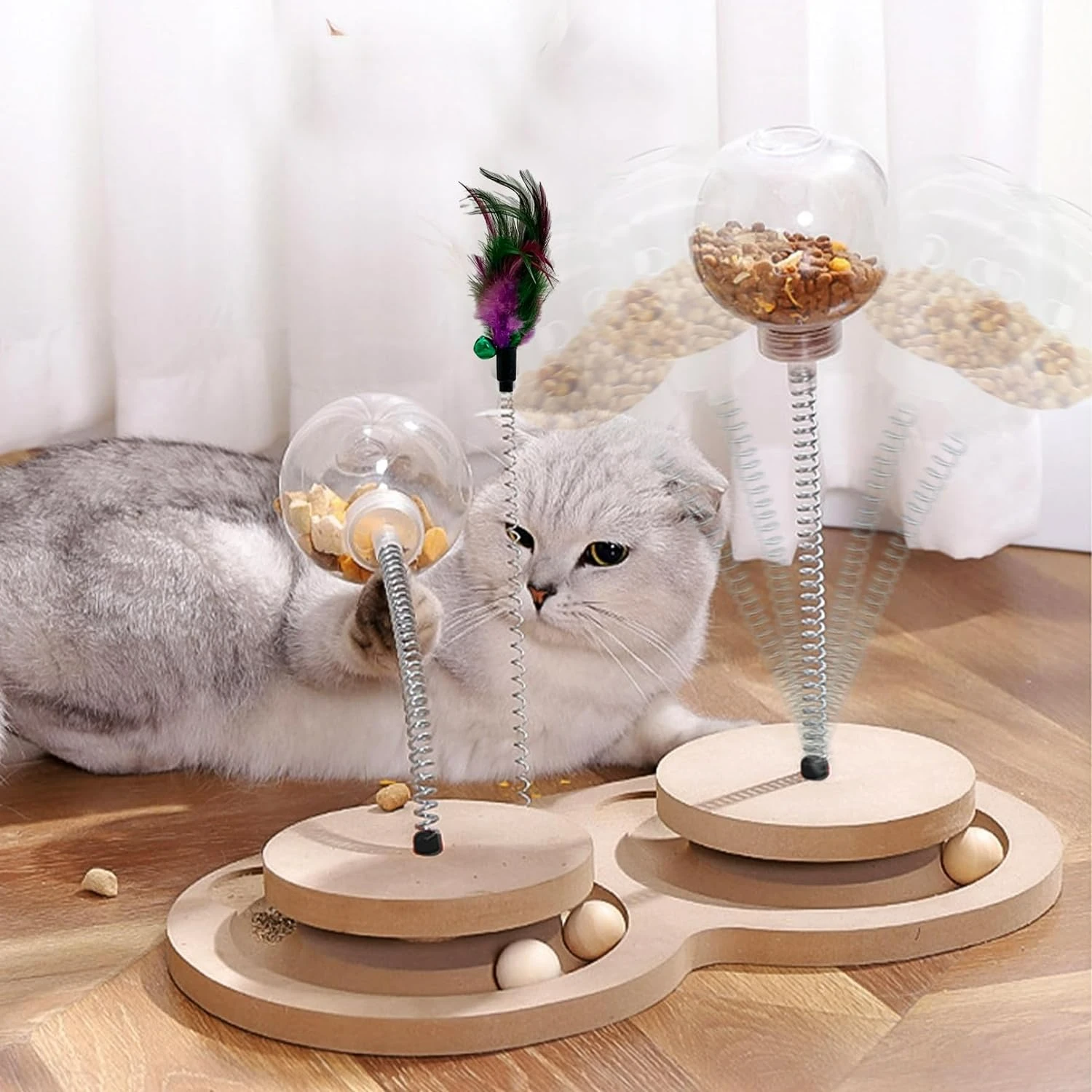 

Interactive and Engaging Cat Toys - Hilarious Treat Dispenser with Feather, Wooden Ball Track, and Slow Feeder Spring Toys - Ens