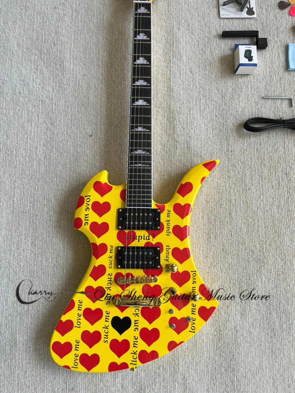 Yellow guitar, fixed bridge, solid wood body with a red heart-shaped top, maple neck, HH pickups, golden tuner
