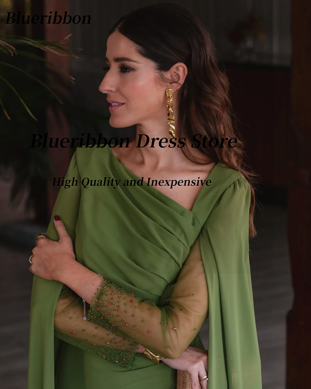 Blueribbon Saoedi-Arabië Galajurken Kralen Lange Mouwen Flutters Avondjurk Rits Terug Robe Des Soiree Aangepast