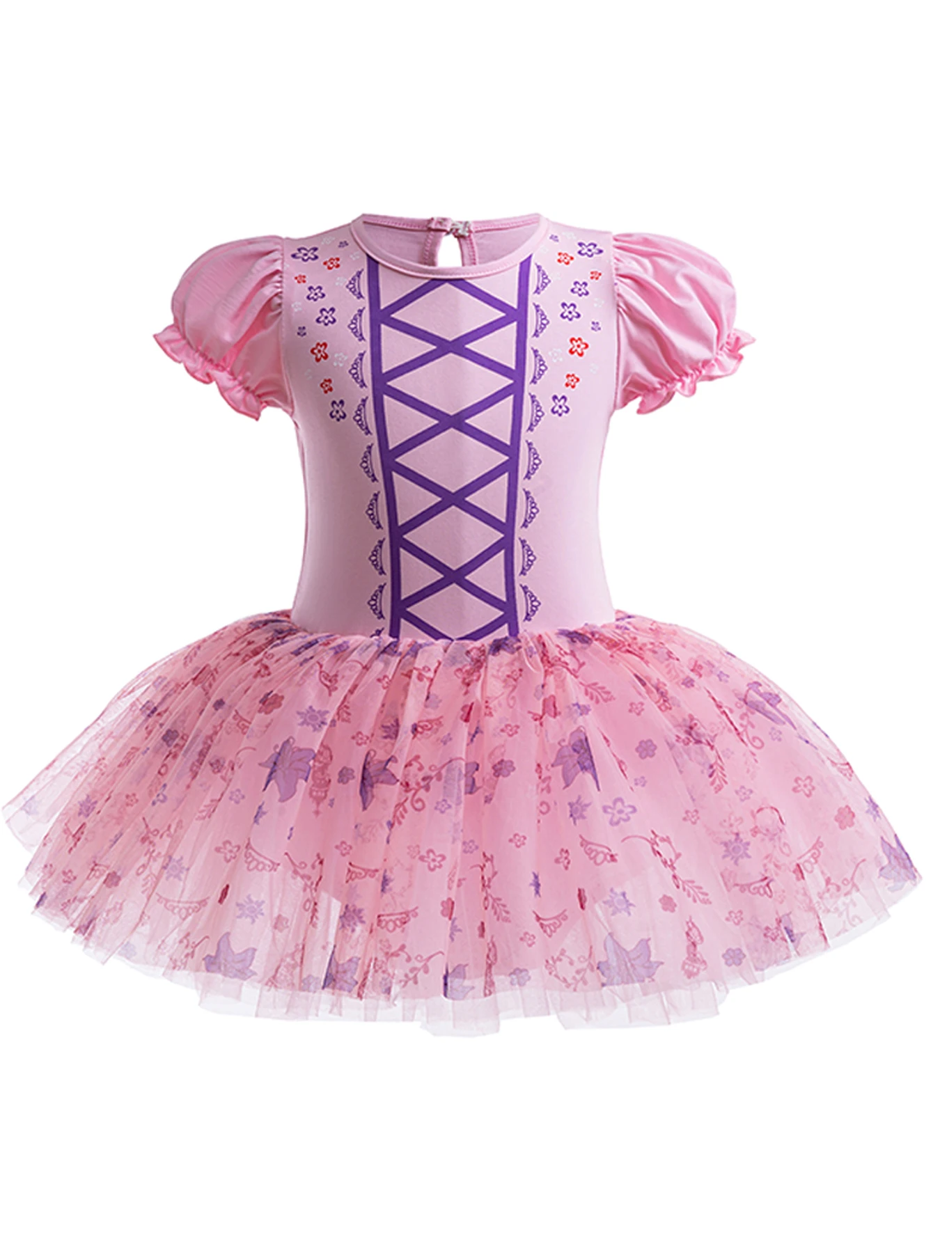 Girls  soft cotton tutu, printed pattern mesh patchwork tutu, elegant style short-sleeved ballet practice skirt