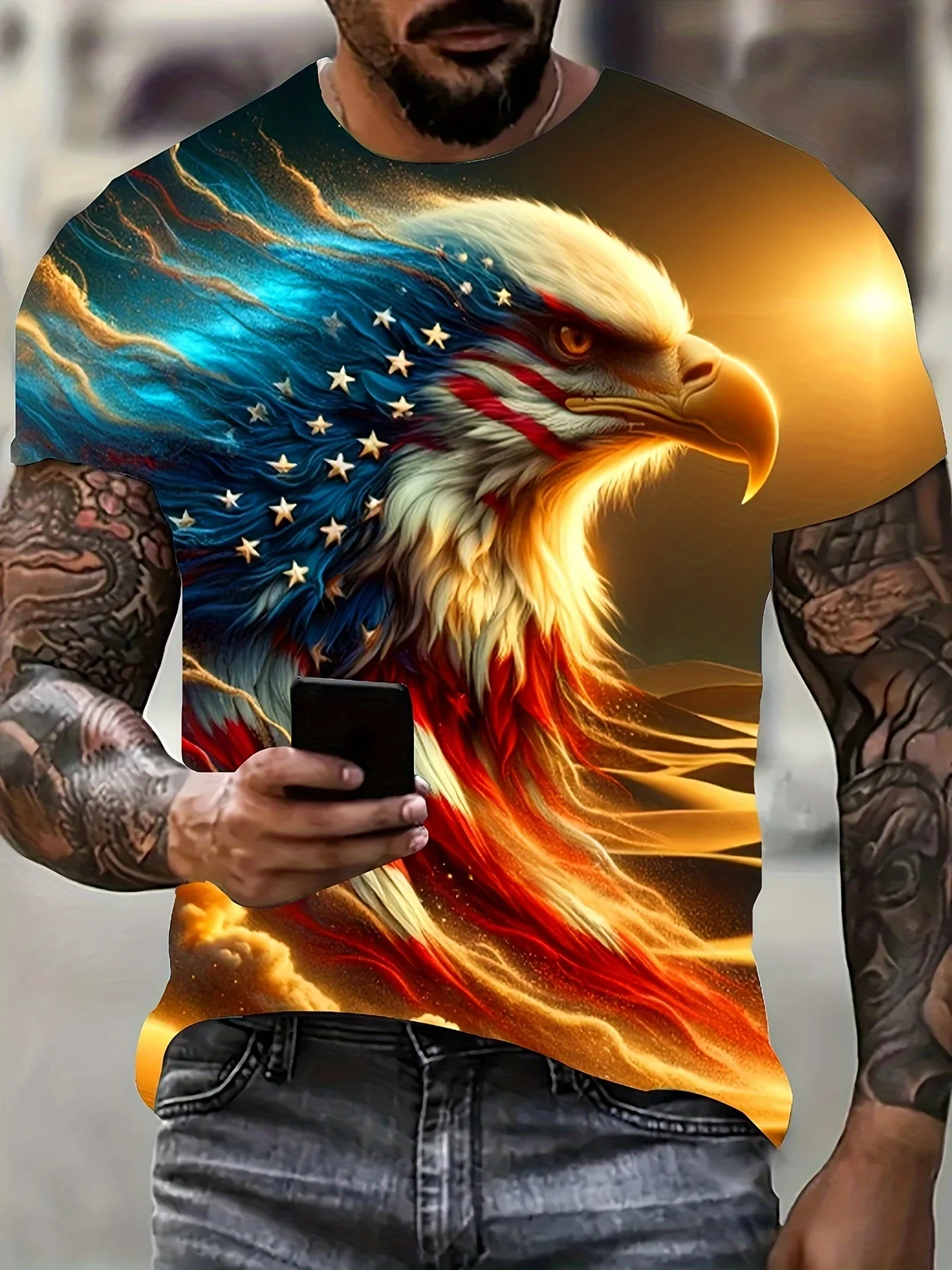 American Eagle Men's T-Shirt Summer 3d Animal Printed Round Neck Tee Shirt Casual Short Sleeve Tops Streetwear Fashion Clothing