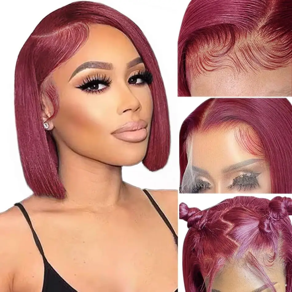 

13x4 99J Short Bob Wig Human Hair Dark Red Burgundy Color Full Frontal Bob Wigs Blunt Cut Bone Straight Front For Black Woman