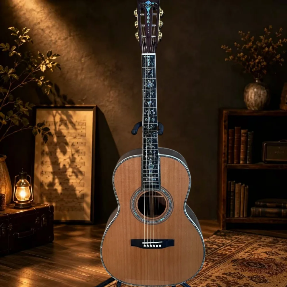 Handmade 40-Inch 00045 Acoustic Guitar, Red Pine Solid Wood Panel, 6 Strings, Abalone Shell Inlay, Folk Guitar, Professional Performance