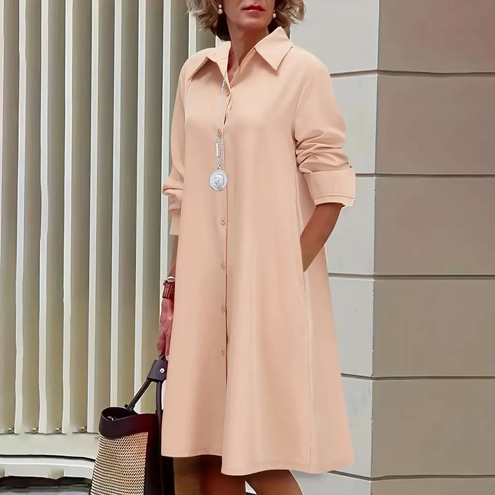 Women\'s Shirt Dress Casual Dress Shift Dress Pure Color Button Up Pocket Shirt Collar Midi Dress Casual Daily Long Sleeve Summer