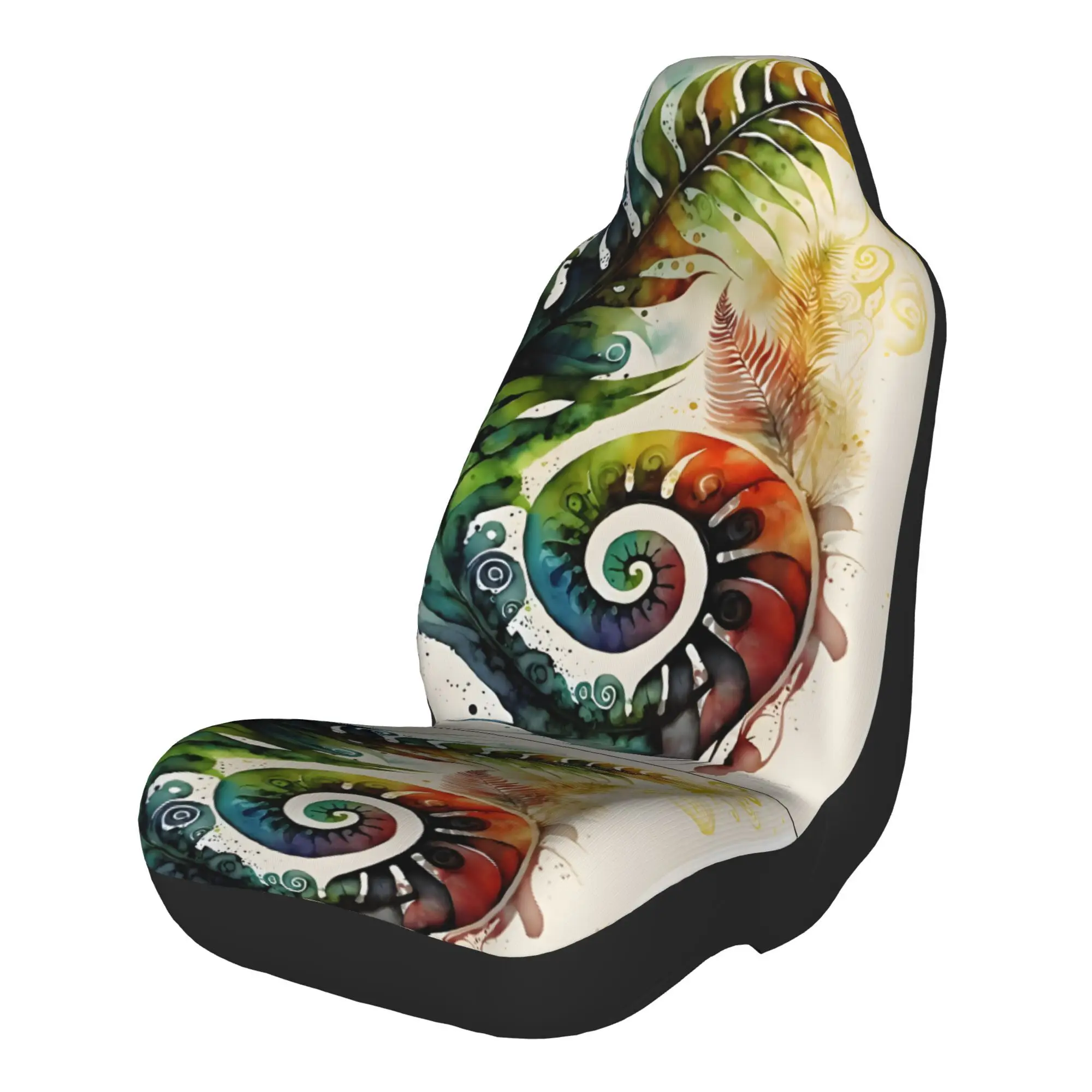 2pcs Enchanting Watercolor Feather And Nautilus Shell Artwork: Vibrant Spiral And Swirl DesignCar Seat Covers, Suitable For All