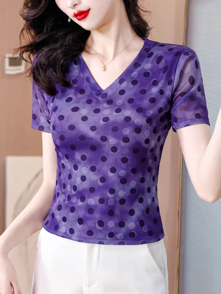 Summer Short Sleeve Mesh T Shirt Women Dot Purple Mesh T Shirt Female Thin Casual Vintage Skinny Woman T-shirts