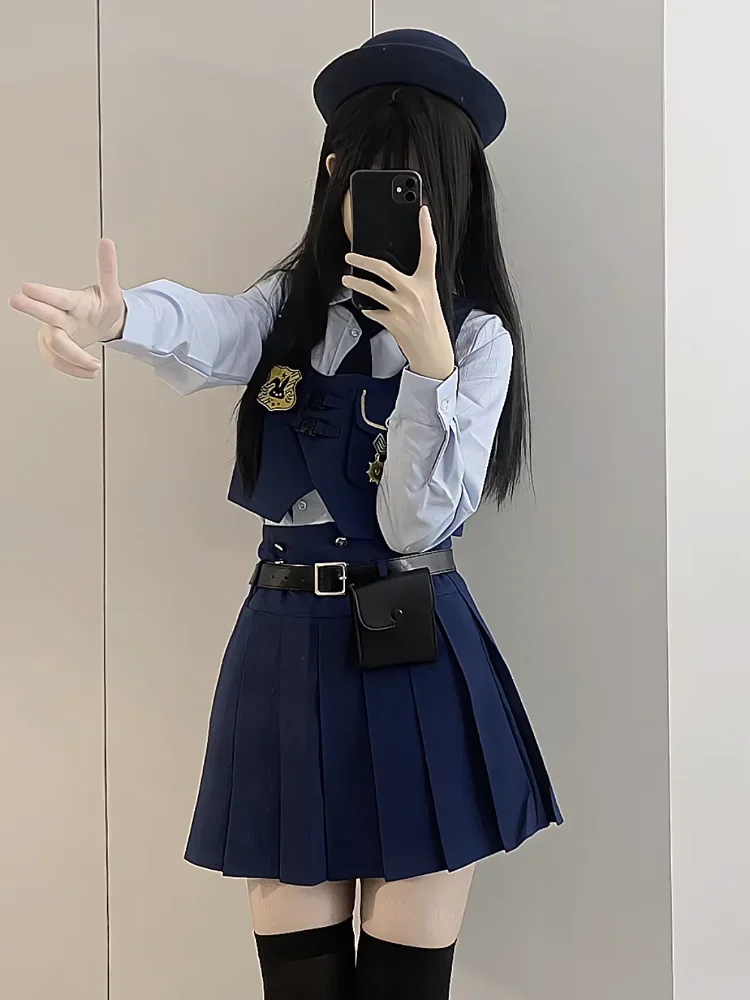 Summer Academy Style JK Uniform Skirts Set Bubble Sleeve Shirt+Vest Cardigan+Pleated Skirt Spicy Girl Three Piece Set Women