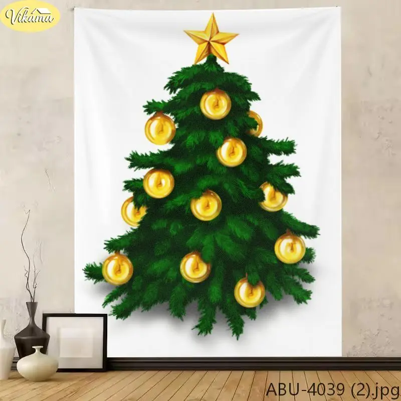 VIKAMA Merry Christmas Tapestry, Classic Christmas Tree with Gold Ornaments, Festive Party Backdrop, Home Decor
