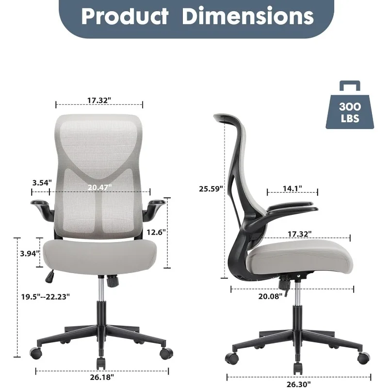 Ergonomic Office Chair, High Back Comfy Desk Chair with Wheels,Swivel Rolling Flip-up Arms Mesh Gaming Chairs for Home,Grey