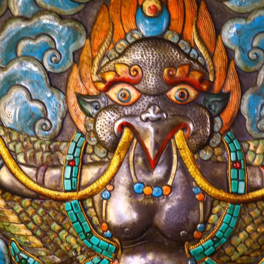 

16"Xizang Folk Collection Old Tiantie Painted Mosaic Gem gZi Beads Turquoise Garuda Dhwaja Buddha Thangka Hanging Panel