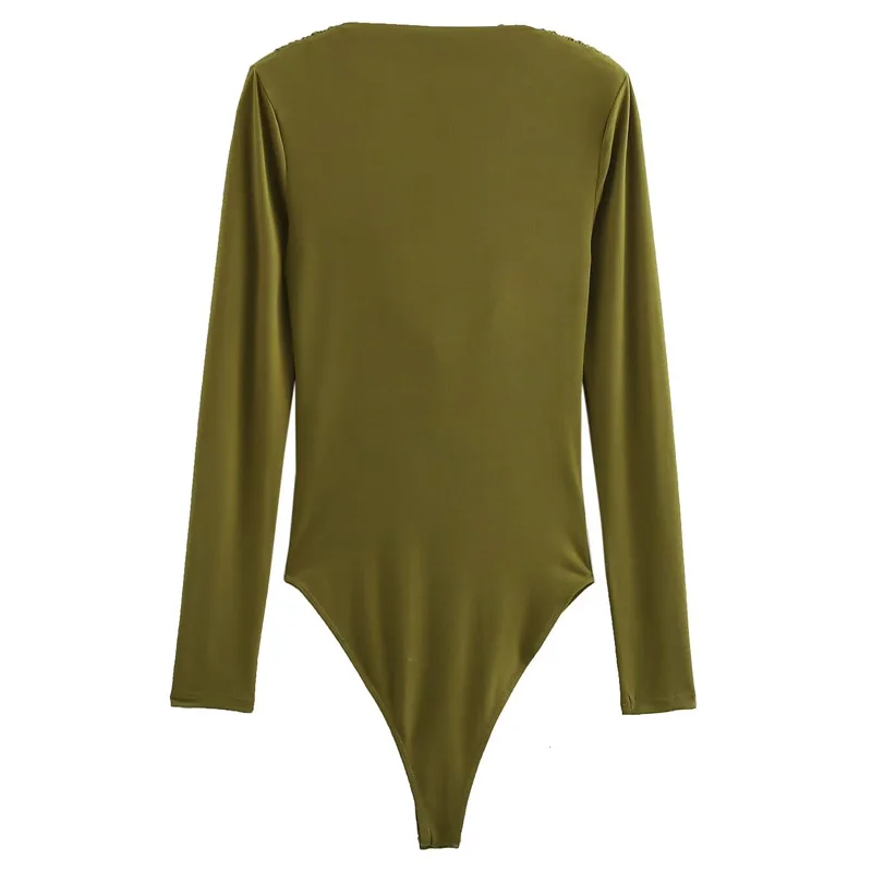 TRAF Women 2024 Bodysuits Women Sexy Tops Women's Long Sleeve Bodysuit Ruffled Army Green Bodysuit Best Selling Female Bodysuits