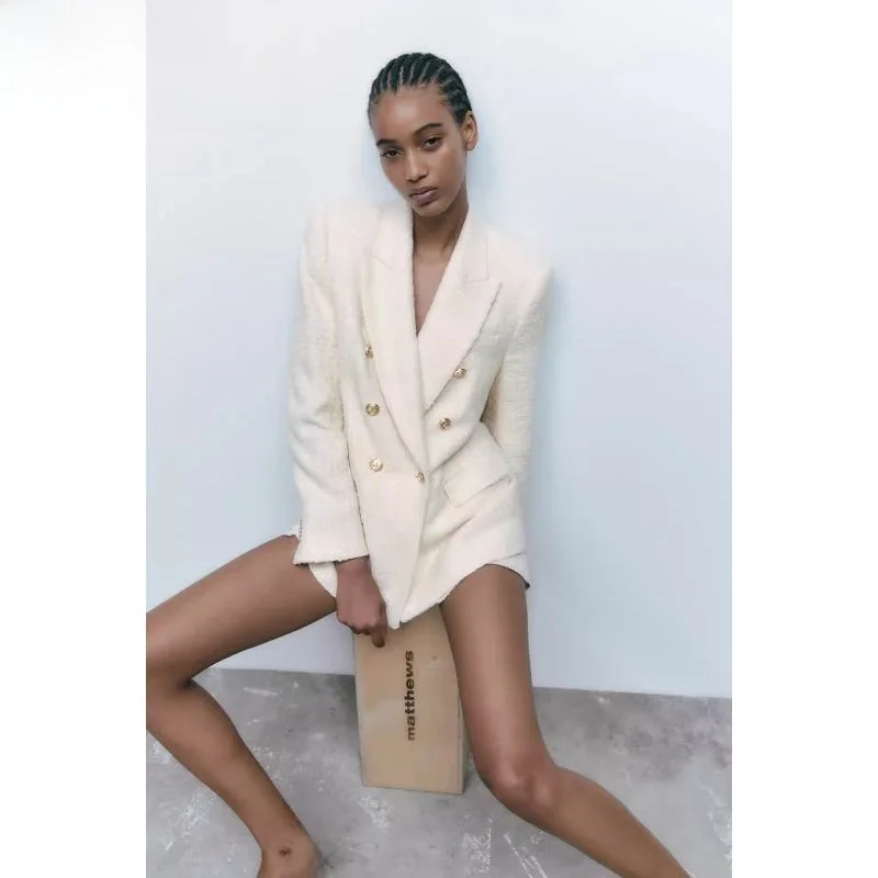 

Autumn Winter Women's Texture Double Buttoned Casual Suit Jaet Classic Plaid Pattern Versatile Sle Long Sve Loose Fit